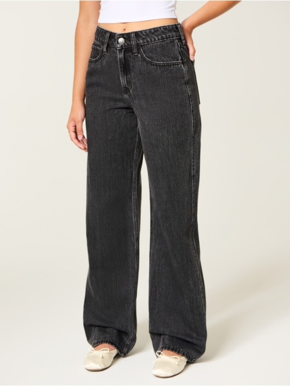 Hollister High Rise Black Denim Washed Wide-Leg Baggy Jeans sz 4 short W27